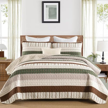 DJY Striped Quilt Set Twin Size, Boho Brown Green Striped Bedspread Coverlet Set Soft Microfiber Patchwork Quilt Bedding Set 3 Pieces for All Season(86"x68") DJY