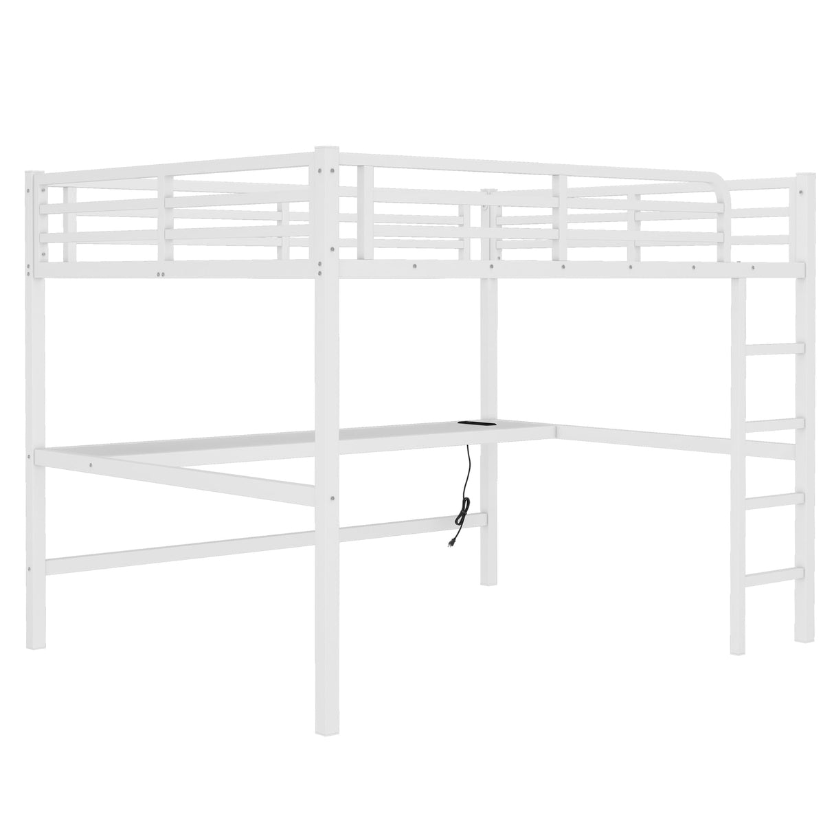 Queen Loft Bed with Desk and Charging Station(USB Port & Outlets), Queen Size Loft Bed with RGB LED Light, Heavy Duty Metal Loft Beds for Adults, Teens, Noise Free Design, Space Saving(White) Bellemave