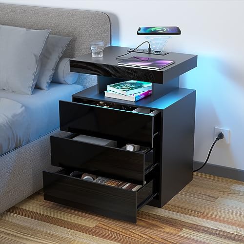 HOMMPA LED Nightstand with Wireless Charging Station 2 Outlets USB Port Type C Black Bedside Table with 3 Drawers Modern Smart LED Nightstand Tall 26.8in High Gloss Night Table with Light for - WoodArtSupply