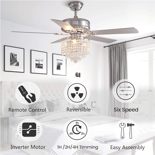 Moooni 52 Inch Modern Crystal Ceiling Fan with Lights and Remote, Elegant Chandelier Fan Light KIt Fandelier with 5 Wooden Blades for Bedroom Living Room Silver Moooni