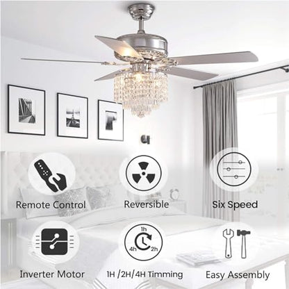 Moooni 52 Inch Modern Crystal Ceiling Fan with Lights and Remote, Elegant Chandelier Fan Light KIt Fandelier with 5 Wooden Blades for Bedroom Living Room Silver - WoodArtSupply