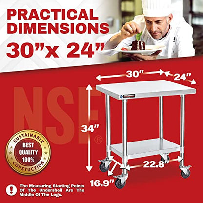 DuraSteel Food Prep Stainless Steel Table -30 x 24 Inch Metal Table Cart - Commercial Workbench with Caster Wheel - NSF Certified - For Restaurant, Warehouse, Home, Kitchen, Garage, Silver - WoodArtSupply