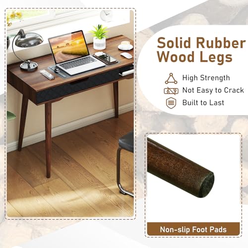 Tangkula Mid-Century Modern Computer Desk, Home Office Desk w/Drawer & Open Compartment, Laptop PC Desk w/Rubber Wood Legs, Makeup Vanity Table, Vintage Writing Desk Workstation for Study, Bedroom Tangkula