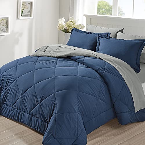 Furnishh Queen Comforter Set 7 Pieces Bed in a Bag, Full/Queen Reversible Bed Set with Comforter, Flat Sheet, Fitted Sheet, Pillowcases & Shams, Navy Blue and Grey Bedding Sets for Queen Size Bed Furnishh
