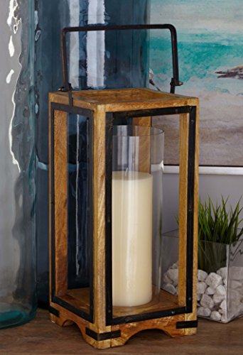 Deco 79 Wood and Metal and Glass Lantern, 8" x 8" x 22" Deco 79