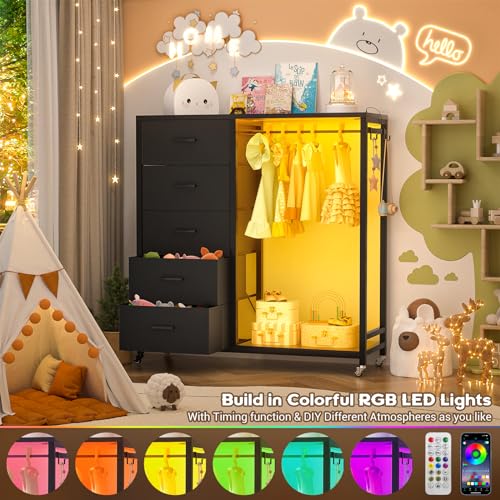 Cyclysio Dresser for Bedroom with Clothes Rack, 5 Drawers Dresser with Charging Station & LED Lights, Black Storage Chest of Drawers with Wheels, Wooden Top, Lockable Wheels, Bedroom, Closet, Black Cyclysio