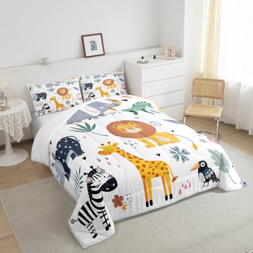 Feelyou Kids Zoo Animal Comforter Set Toddler Size Cute Wild Animals Bedding Set Cartoon Safari Wild Print Comforter for Boys Girls Children Teens Bedroom Decor Exotic Natural Theme Duvet Set Feelyou