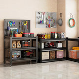 Workbench with Pegboard, Adjustable Shelving Work Table, Mobile Workstation with Lockable Wheels for Garage Warehouse Workshop Office, 47.2" H x 33.5" W x 18" D, Black Jaqiumn