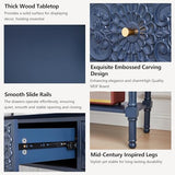 weselon 55.5" Carved Console Table with 3 Drawers, 2-Tier Sofa Table with Glossy Floral Surface and Solid Wood Legs, Mid-Century Modern Entryway Table for Living Room Hallway (Midnight Blue) weselon