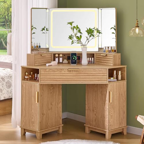 AOGLLATI Large Fluted Corner Vanity Desk with HD Triple Mirror and Lights, Makeup Vanity Desk with 3 Drawers & 3 Cabinets, Modern Dressing Table with Charging Station for Bedroom, Wood AOGLLATI