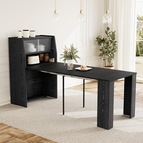 86.6" Extendable Dining Table Seats 4-6, Foldable Kitchen Table with Storage Cabinet for Small Spaces, Multifunctional Console Table with Built-in Shelf, Modern Black Finish (Black Table Only) HIPIHOM