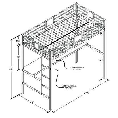 DHP Silver Twin Metal Loft Bunk Bed with Desk and Ladder, Ideal Space-Saving Design