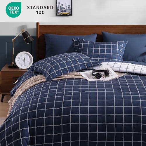 AMBERSPACE Plaid Twin XL Comforter Set Dark Blue, Reversible Checkered Bedding Set 5 Pieces for Boys Girls Teen, Lightweight Bed in a Bag for Dorm with Sheets, Pillowcase & Sham AMBERSPACE