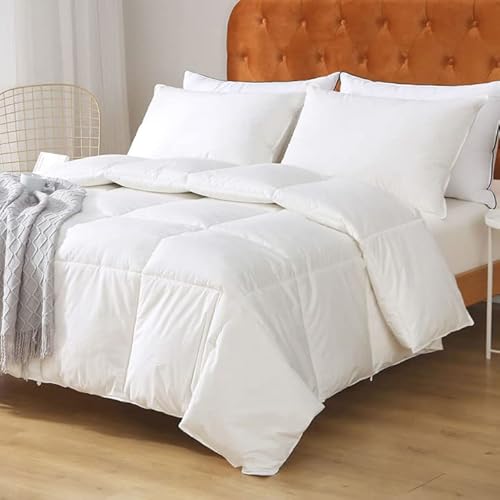 Oaken-Cat Feathers Down Comforter Twin - 100% Organic Cotton Quilted Medium Warm All Seasons Duvet Insert or Stand-Alone Comforter (68x90, Ivory White) Oaken-Cat