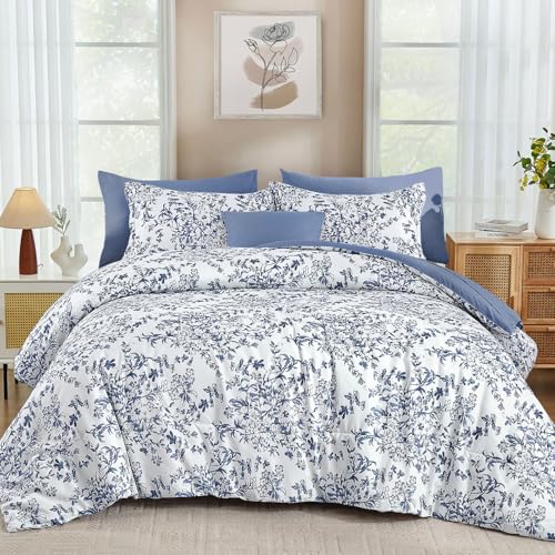 WONGS BEDDING Blue Floral Comforter Set Queen Size, 8 Pieces Flower Botanical Bed in a Bag Bedding Set, Soft Microfiber Comforter, Sheets, Pillowcases & Shams (90"x90") WONGS BEDDING