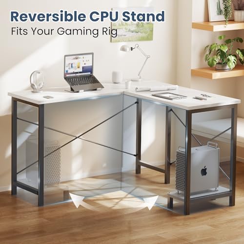 DUMOS L Shaped Desk, Computer Gaming Desks Corner Office Table with CPU Shelf for Home Study Writing Work Station 50 Inch, White DUMOS