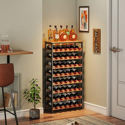 48 Bottles Floor Wine Rack with Wood Top, Freestanding Wine Bottle Organizer Shelf, Wobble-Free 8 Tier Wine Display Storage Stand for Kitchen Pantry, 25.2''L x 10.7''W x 47.2''H