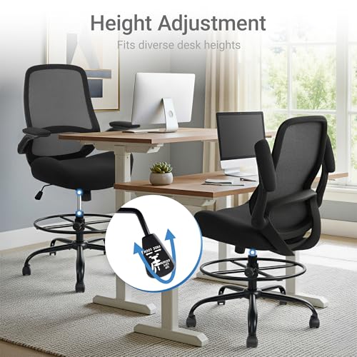 HYLONE Drafting Chair Tall Office Chair with Flip-Up and Adjustable Armrests Ergonomic Computer Chair with Adjustable Footrest Ring Mesh Standing Desk Chair (Black) HYLONE