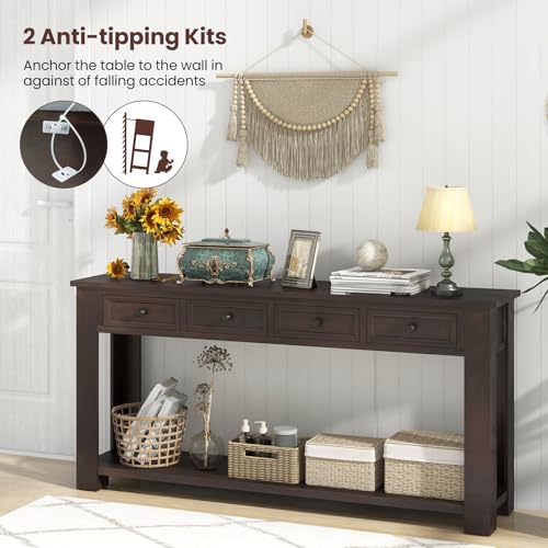 Giantex 63" Farmhouse Console Table with 4 Drawers, Modern Wood Entryway Table, Narrow Long Sofa Tables with Open Storage Shelf for Living Room, Hallway, Entrance, Foyer, Rustic Vintage, Espresso Giantex