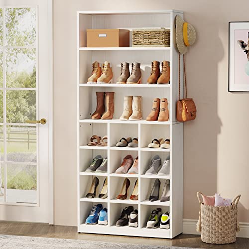 Tribesigns Shoe Cabinet, 24 Pair Freestanding Shoe Rack Storage Organizer with Side Hooks, Modern Shoe Storage Cabinet with Shelves for Hallway Bedroom Closet Entryway, 1PC - WoodArtSupply