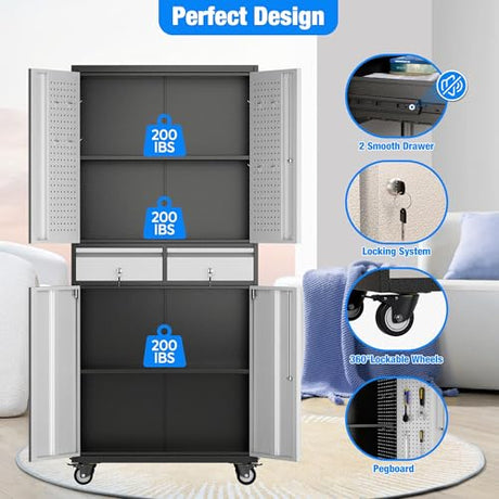 Aobabo 71" H 2 Drawer Metal Storage Cabinet with Wheels and 4 Pegboards,Lockable Steel Garage Storage Cabinet with 2 Adjustable Shelves,Black Sliver,Assembly Required Aobabo