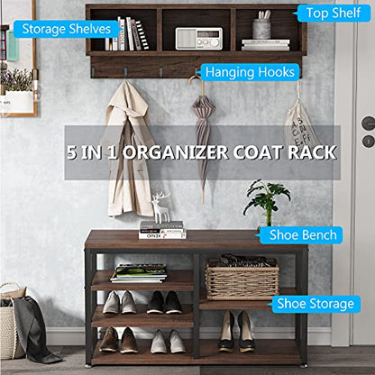 Tribesigns Industrial [Shoe] [Rack] [Bench] with Coat [Rack] Set With Hall Tree, 3 Storage Cubbies, 7 Hooks for Entryway, Hallway, 5-in-1Design, Rustic Brown - WoodArtSupply