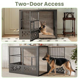 Yafylly 48 Inch XXL Dog Crate Furniture, Wooden Chewproof Dog Kennel with Interactive Window, 360° Adjustable Bowls (5 Heights), Storage Table Top, Heavy Duty XL Dog Crate for Medium Large Dogs, Gray Yafylly