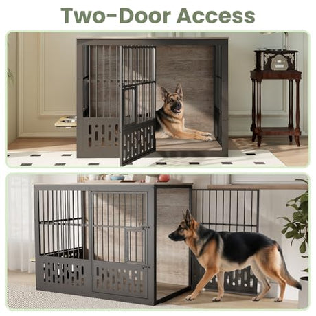 Yafylly 48 Inch XXL Dog Crate Furniture, Wooden Chewproof Dog Kennel with Interactive Window, 360° Adjustable Bowls (5 Heights), Storage Table Top, Heavy Duty XL Dog Crate for Medium Large Dogs, Gray Yafylly