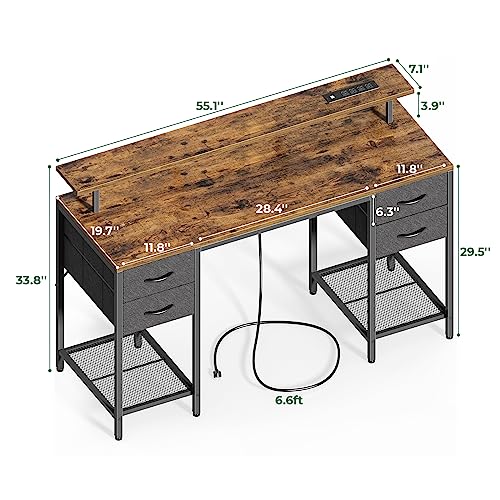 Huuger 55 inch Computer Desk with 4 Drawers, Gaming Desk with LED Lights & Power Outlets, Home Office Desk with Large Storage Space for Bedroom, Work from Home, Rustic Brown - WoodArtSupply