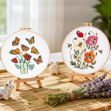 Flowers Embroidery Kits for Beginners Adults, Butterfly Hand Embroidery Starter Kits, Bee Cross Stitch Kits for Beginner Needlepoint DIY Kits for Adult, 2 Set Embroidery Hoops, Thread & Video Tutorial