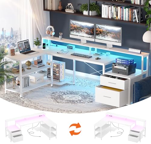 Aheaplus L Shaped Desk with Power Outlet, Reversible L Shaped Computer Desk with File Drawer & Monitor Stand, Gaming Desk with LED Strip, Home Office Desk Corner Desk with Storage Shelf, White