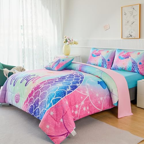 RYNGHIPY Mermaid Twin Girls Bedding Set, Colorful Rainbow Kids Girls Comforter Set with Sheets Soft and Lightweight, 6 Pieces Teen Girls Bed in a Bag RYNGHIPY