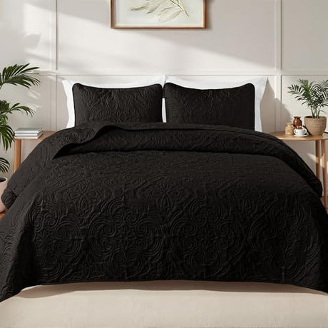 Exclusivo Mezcla Quilts King Size Bedspread with 2 Pillow Shams, Lightweight Black King Quilt Bedding Set with Vintage Damask Pattern, Soft Bedspreads Coverlets for All Seasons Exclusivo Mezcla