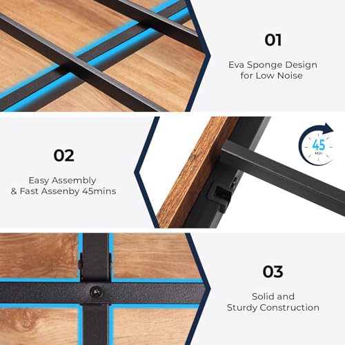 BedsPick Queen Size Bed Frame with 2-Tier Storage Headboard, Sturdy Metal Platform Bed Frame with Charging Station & LED Lights, Noise-Free/Metal Support/No Box Spring Needed, Rustic Brown BedsPick