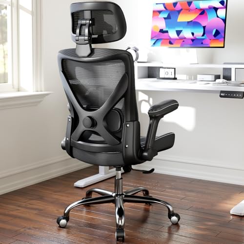 Ergalithic Ergonomic Office Chair-Computer X-Shaped Chair Mesh PU Leather with Adjustable Lumbar Support-Executive Desk Chair High Back with Headrest Flip-Up Arms for Long Hours (Black) Ergalithic