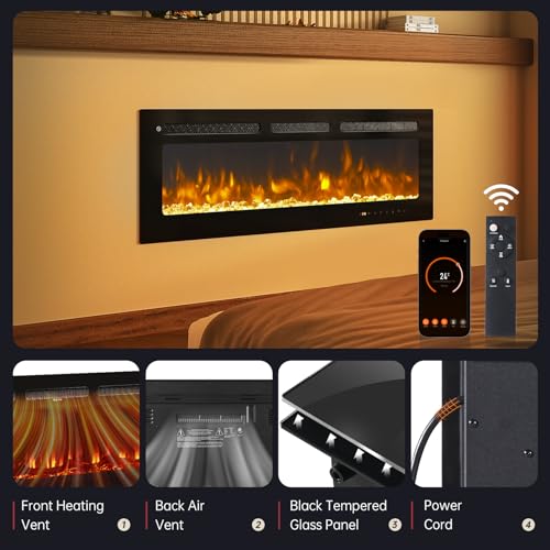 oneinmil 50” Smart Electric Fireplace Heater, Compatible with Alexa & Google Home, Wall Mount, in-Wall Recessed Fireplace Insert, Ajustable Flames, 750W/1500W Indoor Heater oneinmil