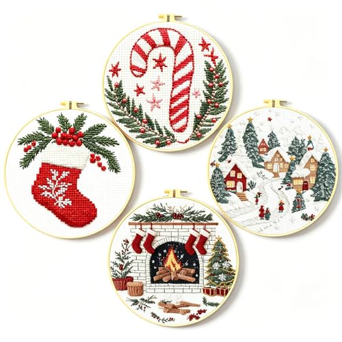Zhenqing 11 Count Stamped Cross Stitch Kits for Adults Beginners, Hand Embroidery Christmas Ornaments kit with Instructions Embroidery Hoops,Christmas Stocking-Four-Piece Set(68446)