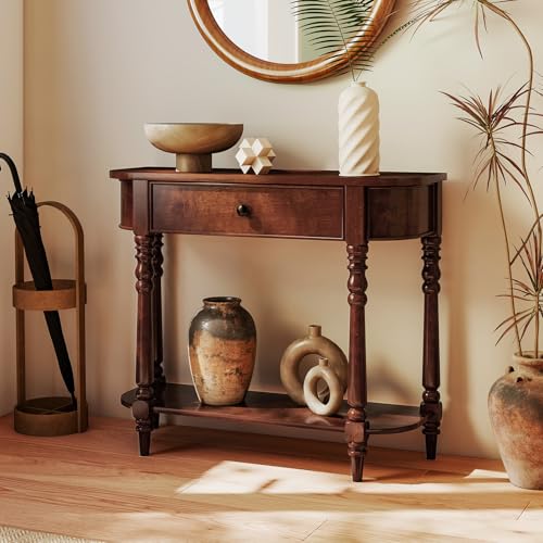 Giantex 2-Tier Console Table, 36" Retro Entryway Table with Storage Drawer & Elegant Legs, Narrow Wooden Sofa Table with Open Shelf for Living Room, Foyer, Hallway, Bedroom, Entrance (Brown) Giantex