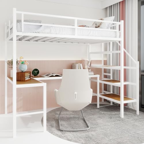 Bellemave Twin Size loft Bed with L Desk, Storage Stairs, Metal Twin Loft Bed Frame for Adults, Kids, Teens, White Bellemave