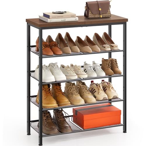 Pipishell 5-Tier Shoe Rack for Entryway and Small Spaces with Wooden Top & Metal Frames, Shoe Storage Organizer with Adjustable Storage Shelves, PISRB4 Pipishell