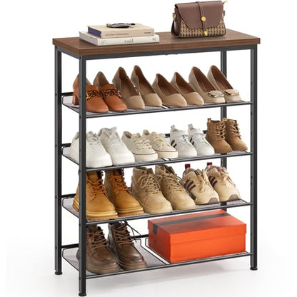 Pipishell 5-Tier Shoe Rack for Entryway and Small Spaces with Wooden Top & Metal Frames, Shoe Storage Organizer with Adjustable Storage Shelves, PISRB4 - WoodArtSupply