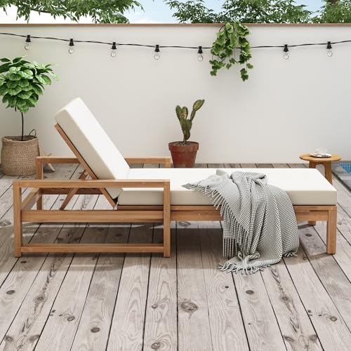 THINK 30 Lounge Chair Outdoor, Acacia Wood Oversized Chaise Lounge Chair with 5 Positions, Patio Lounge Chair with Thick Cushions, Weather-Resistant for Pool, Deck, Poolside,Light Teak THINK 30