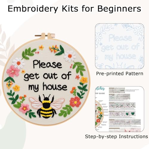 Nuberlic Funny Bee Embroidery Kits for Beginners, Please Get Out of My House Embroidery Kit for Adults- Easy Cross Stitch Starter Kit with Printed Fabric, Hoop, Needles Instruction and Threads