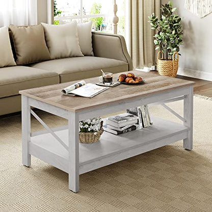 YITAHOME Coffee Table for Living Room,Modern Farmhouse Coffee Table with Storage,2-Tier Center Table for Living Room Wood Living Room Table Accent Cocktail with Sturdy Frame,Grey Wash - WoodArtSupply