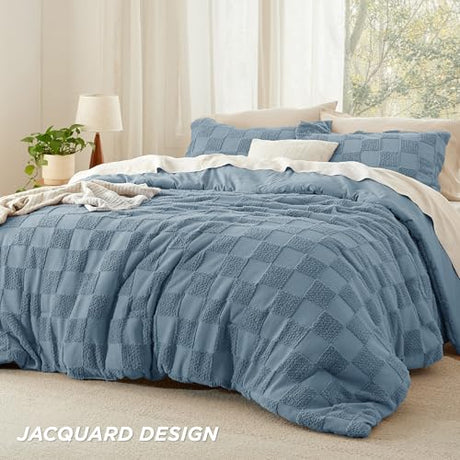 Bedsure King Size Comforter Set Mineral Blue, Boho Tufted Bed Set, Checkered Farmhouse Shabby Chic Bedding, 3 Pieces, 1 Plaid Geometric Comforter and 2 Pillow Shams Bedsure
