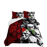 Tuzaovy Gothic Queen Size Bedding Set - Skull & Rose Comforter, Black & Red Quilt Tuzaovy