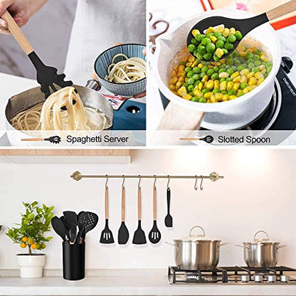 LIANYU 15-Piece Kitchen Silicone Cooking Utensils Set with Holder, Wooden Handle Kitchen Tools Include Spatula Tong Slotted Spoon Turner Whisk Brush, Black - WoodArtSupply