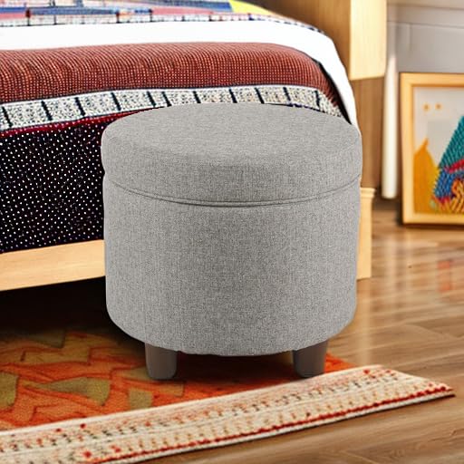 Homepop Home Decor | Upholstered Round Storage Ottoman | Ottoman with Storage for Living Room & Bedroom, Light Gray Tweed Large HomePop