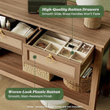 SUPERJARE Rattan Console Sofa Table with Outlets and USB-C Port, 3 Drawer Entryway Table with Synthetic Rattan Surface, Open Shelf, Behind Couch Entry Foyer Hallway Storage, Brown SUPERJARE