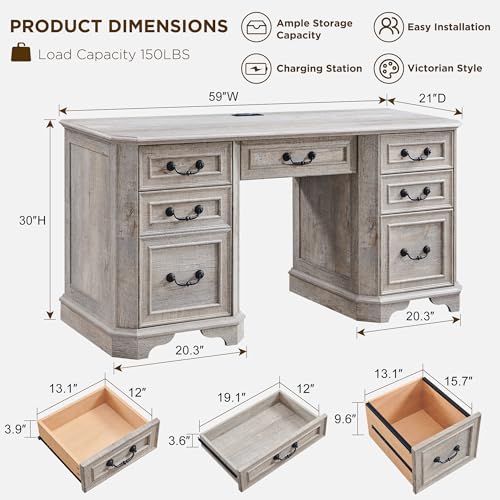 T4TREAM 59" Farmhouse Executive Desk with Drawers,Wood Home Office Computer Desk, Featuring Keyboard Tray,Charging Station,File Drawer, Storage Cabinet,for Work and Study (Light Rustic Oak) T4TREAM